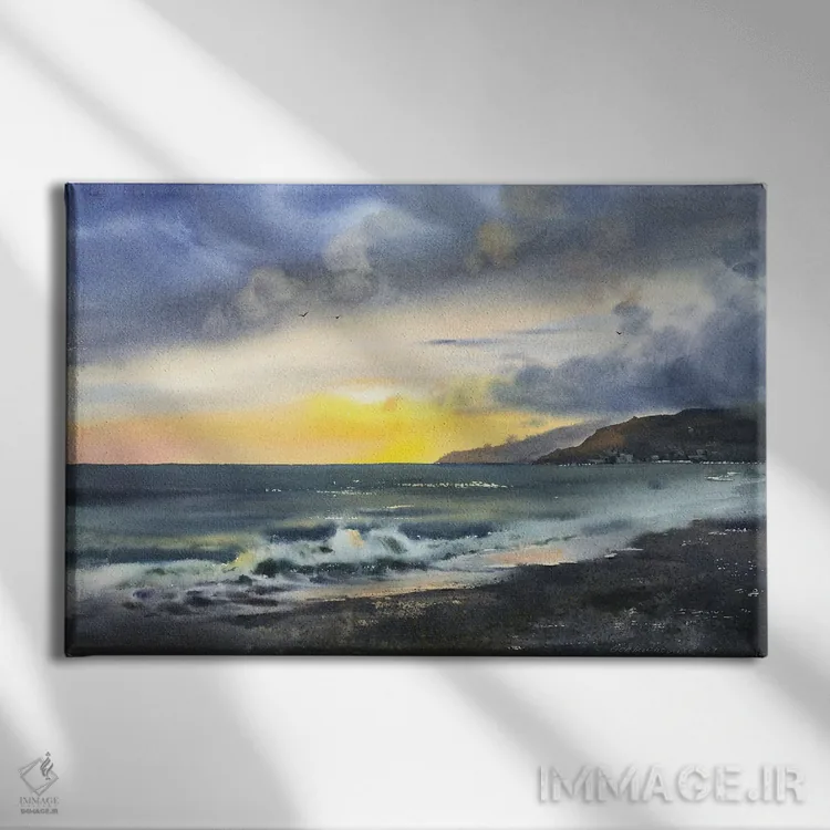 تابلو دکوراتیو غروب در ساحل اثر هوم لایک آرت - نمای روبهرو روی دیوار