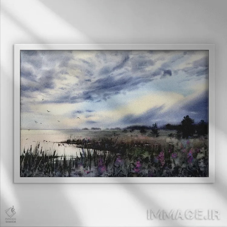 تابلو دکوراتیو در ساحل دریاچه اثر هوم لایک آرت - نمای قابدار سفید