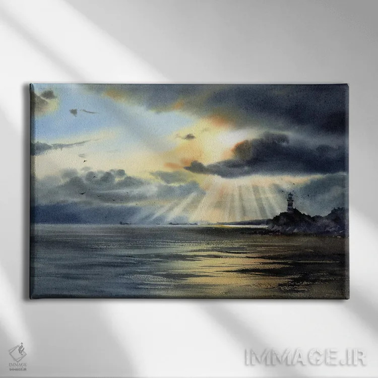 تابلو دکوراتیو فانوس دریایی و ابرها اثر هوم لایک آرت - نمای روبهرو روی دیوار