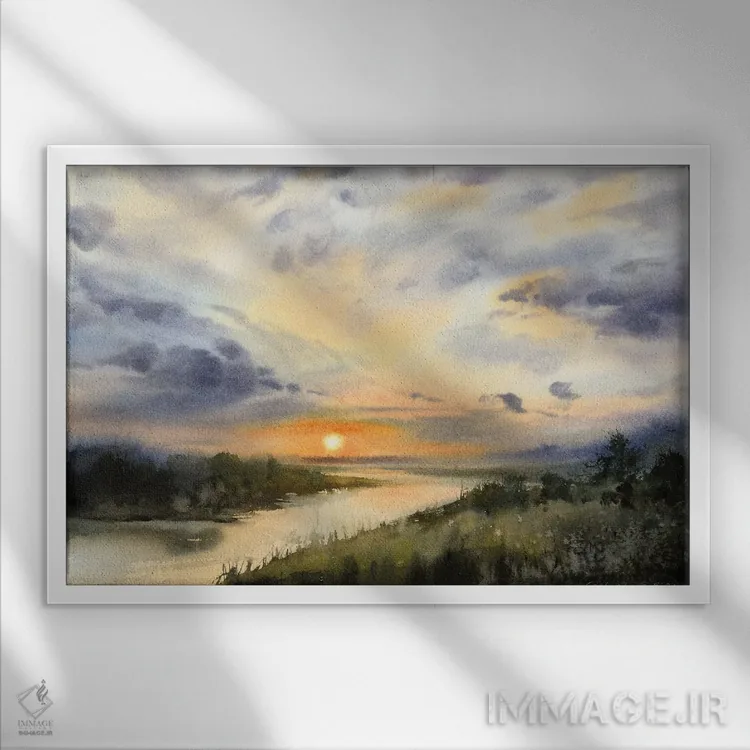 تابلو دکوراتیو مزرعه و رودخانه I اثر هوم لایک آرت - نمای قابدار سفید