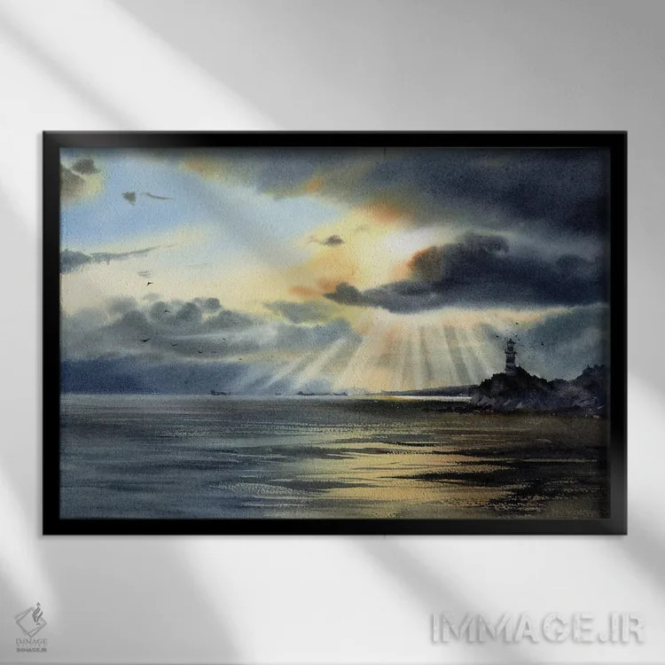 تابلو دکوراتیو فانوس دریایی و ابرها اثر هوم لایک آرت - نمای قابدار مشکی