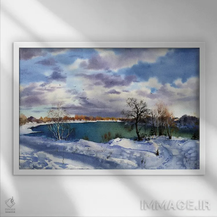 تابلو دکوراتیو دریاچه یخ زده اثر هوم لایک آرت - نمای قابدار سفید
