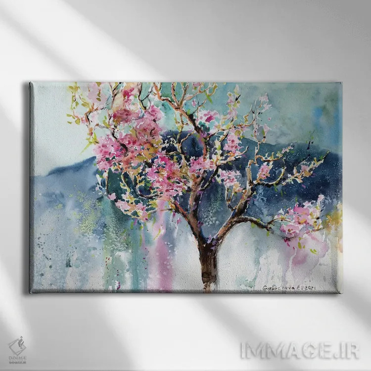 تابلو دکوراتیو درخت هلو شکوفه داده اثر هوم لایک آرت - نمای روبهرو روی دیوار
