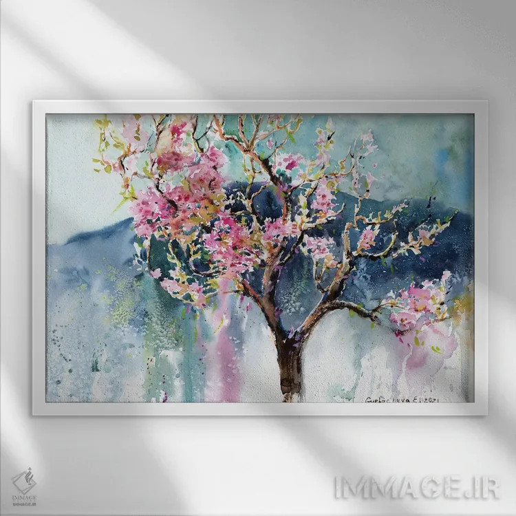 تابلو دکوراتیو درخت هلو شکوفه داده اثر هوم لایک آرت - نمای قابدار سفید