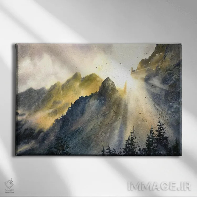تابلو دکوراتیو خورشید و کوه ها اثر هوم لایک آرت - نمای روبهرو روی دیوار