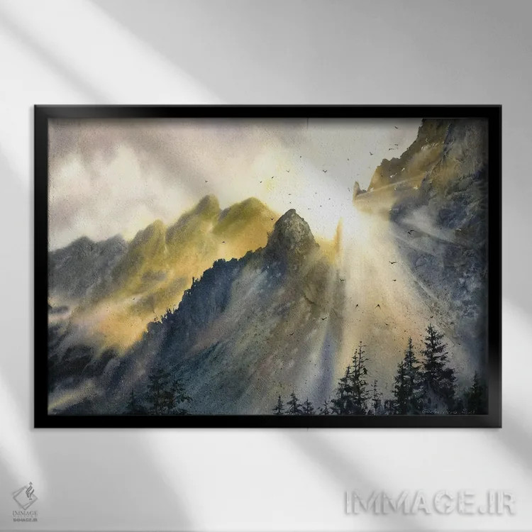 تابلو دکوراتیو خورشید و کوه ها اثر هوم لایک آرت - نمای قابدار مشکی
