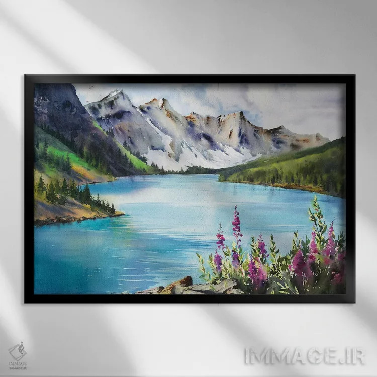 تابلو دکوراتیو دریاچه فیروزه ای I اثر هوم لایک آرت - نمای قابدار مشکی