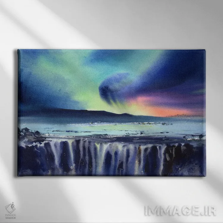 تابلو دکوراتیو Iceland,شفق قطبی و آبشار، ایسلند اثر هوم لایک آرت - نمای روبهرو روی دیوار