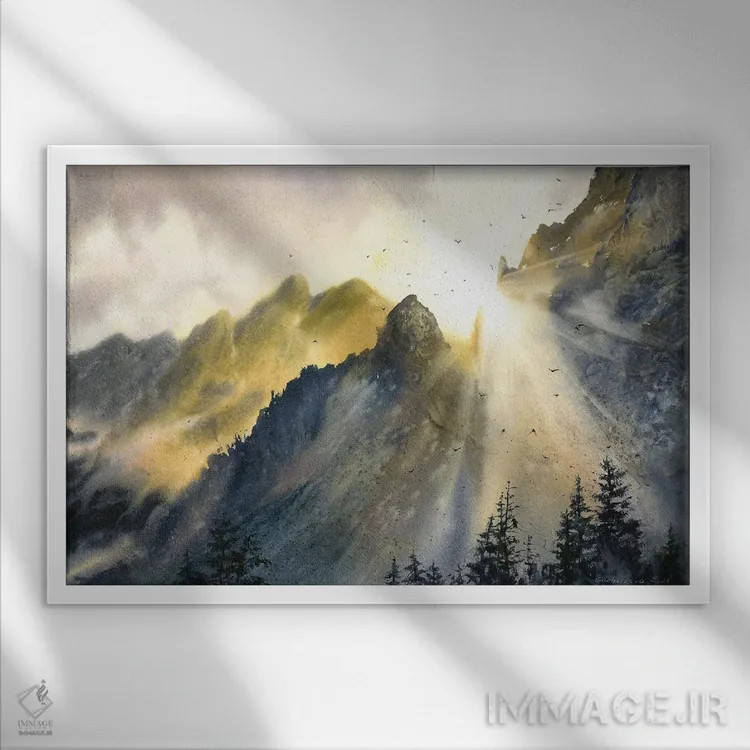 تابلو دکوراتیو خورشید و کوه ها اثر هوم لایک آرت - نمای قابدار سفید