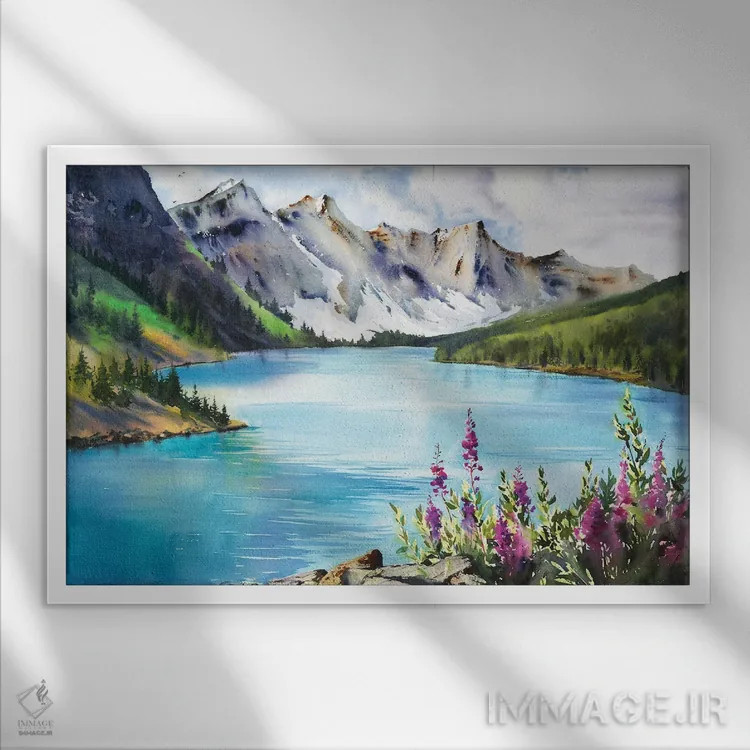 تابلو دکوراتیو دریاچه فیروزه ای I اثر هوم لایک آرت - نمای قابدار سفید