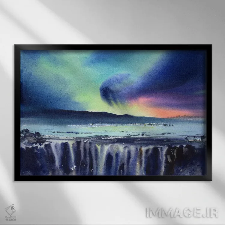تابلو دکوراتیو Iceland,شفق قطبی و آبشار، ایسلند اثر هوم لایک آرت - نمای قابدار مشکی