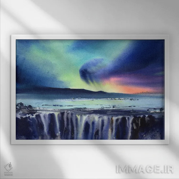 تابلو دکوراتیو Iceland,شفق قطبی و آبشار، ایسلند اثر هوم لایک آرت - نمای قابدار سفید