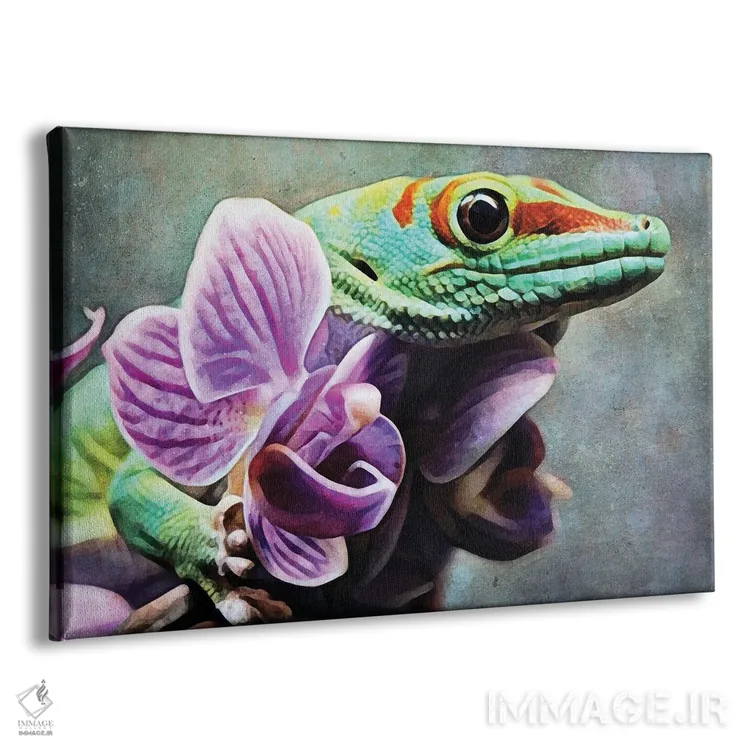 تابلو دکوراتیو گکو سبز در حال گرفتن ارکیده اثر اشلی آلدرج - نمای پرسپکتیو محصول