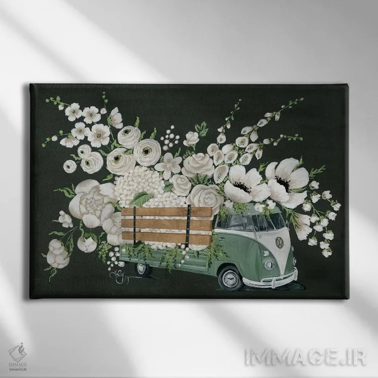 تابلو دکوراتیو اتوبوس فولکس واگن مشکی اثر هولی هکس آرت - نمای روبهرو روی دیوار