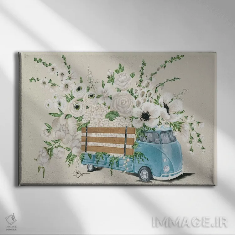 تابلو دکوراتیو اتوبوس فولکس واگن سفید اثر هولی هکس آرت - نمای روبهرو روی دیوار
