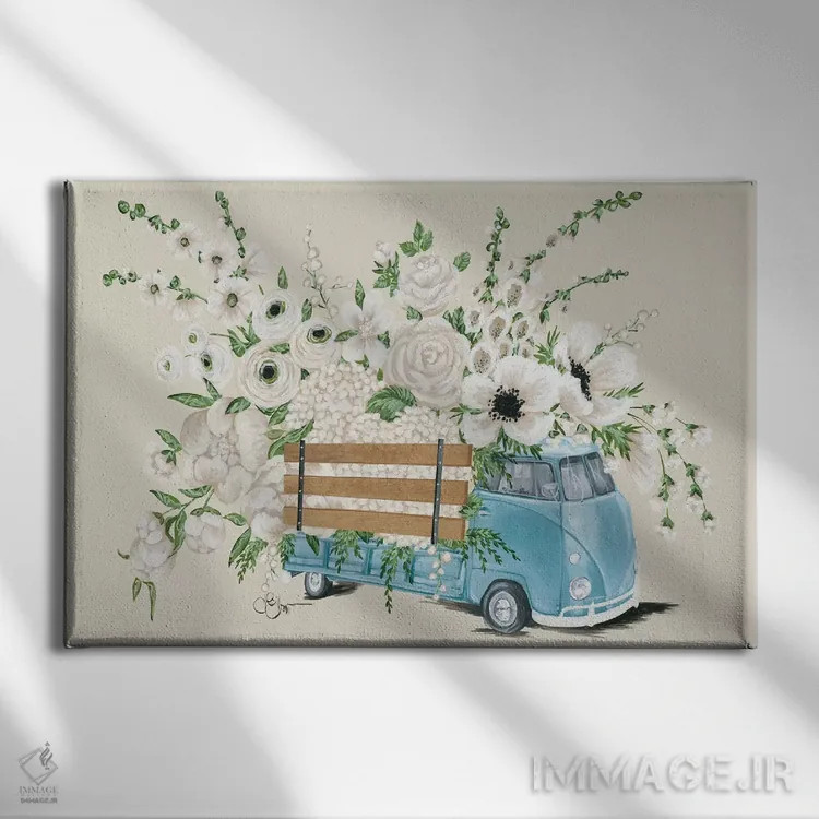 تابلو دکوراتیو اتوبوس فولکس واگن سفید اثر هولی هکس آرت - نمای روبهرو روی دیوار