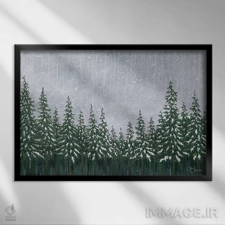 تابلو دکوراتیو جنگل برفی اثر هولی هکس آرت - نمای قابدار مشکی