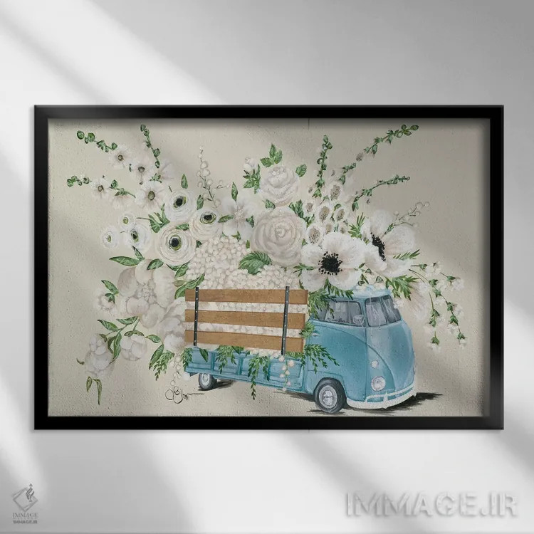 تابلو دکوراتیو اتوبوس فولکس واگن سفید اثر هولی هکس آرت - نمای قابدار مشکی