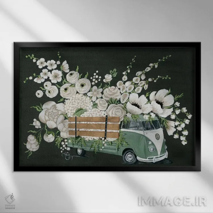 تابلو دکوراتیو اتوبوس فولکس واگن مشکی اثر هولی هکس آرت - نمای قابدار مشکی