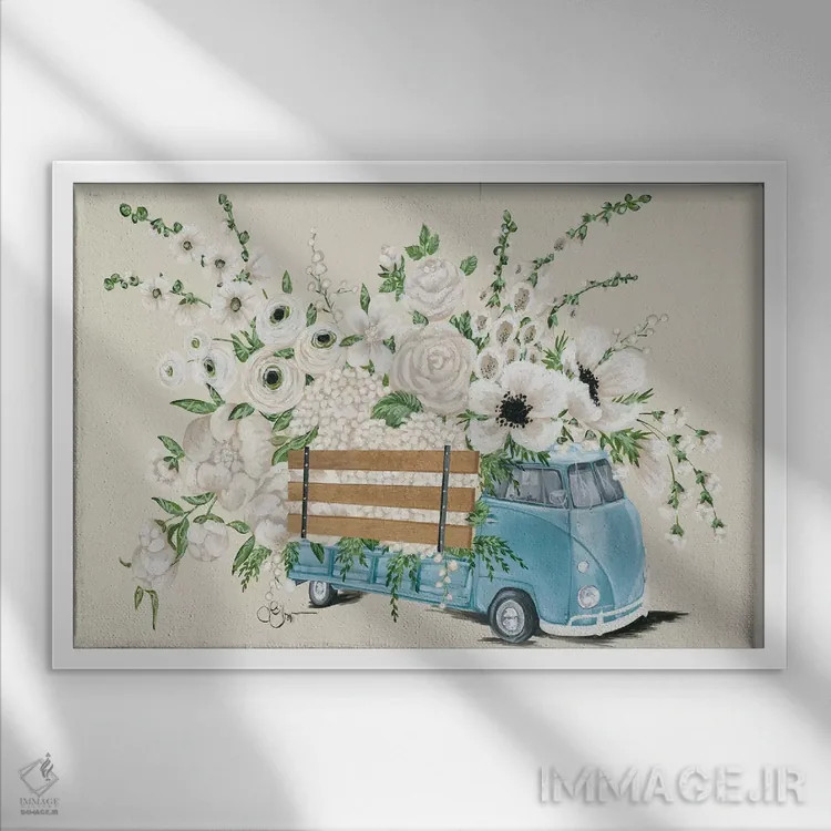 تابلو دکوراتیو اتوبوس فولکس واگن سفید اثر هولی هکس آرت - نمای قابدار سفید