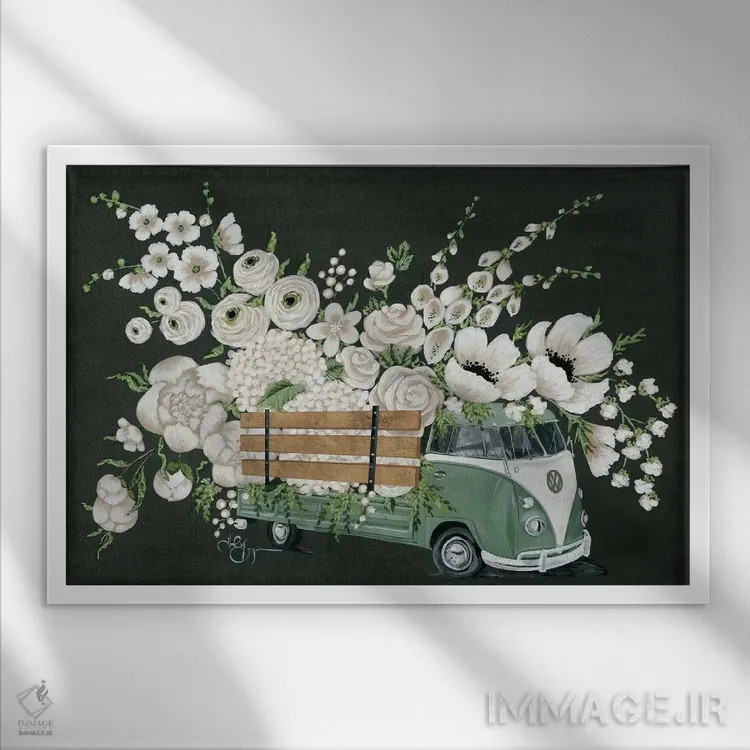 تابلو دکوراتیو اتوبوس فولکس واگن مشکی اثر هولی هکس آرت - نمای قابدار سفید