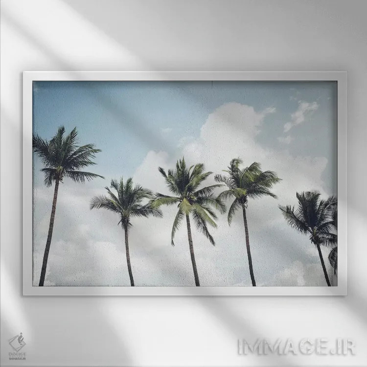 تابلو دکوراتیو شاخه های نخل در باد اثر هانی مون هتل - نمای قابدار سفید