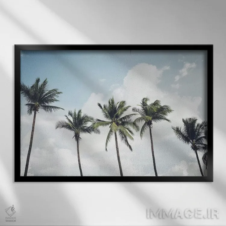 تابلو دکوراتیو شاخه های نخل در باد اثر هانی مون هتل - نمای قابدار مشکی