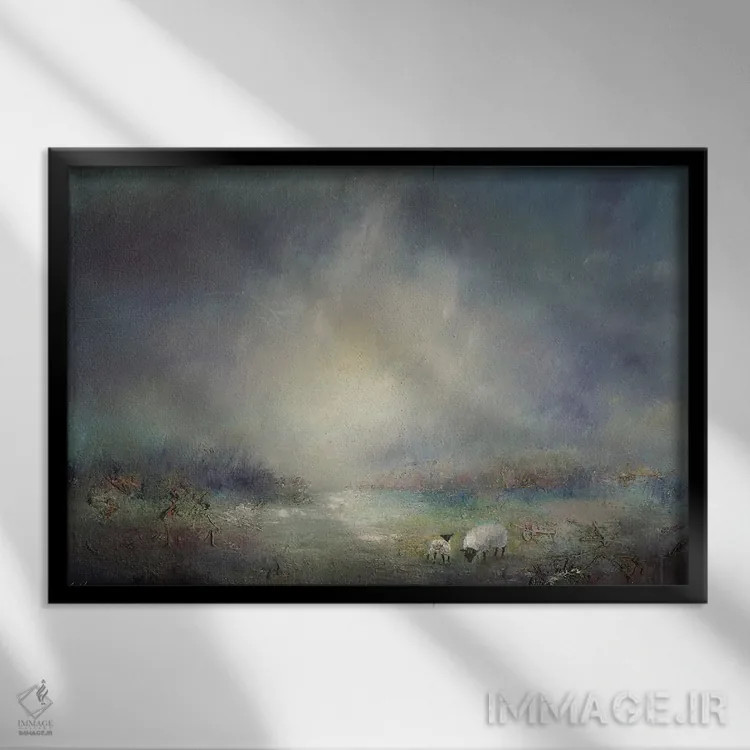 تابلو انتزاعی چرای دام در ثیرلمیر اثر لیزا هاوس - نمای قابدار مشکی