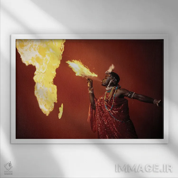 تابلو دکوراتیو خدای آتش آفریقایی اثر هری ادونزه - نمای قابدار سفید