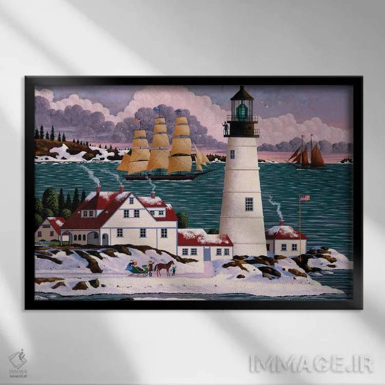 تابلو دکوراتیو فانوس دریایی پورتلند هد اثر هرونیم - نمای قابدار مشکی