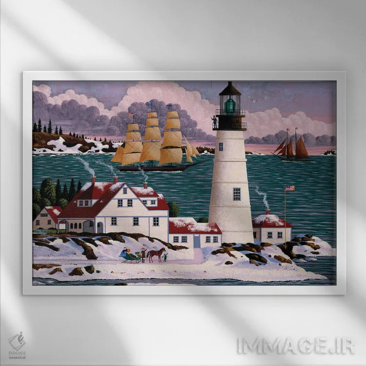 تابلو دکوراتیو فانوس دریایی پورتلند هد اثر هرونیم - نمای قابدار سفید