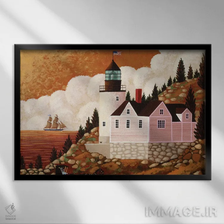 تابلو دکوراتیو فانوس دریایی بس هاربر هد اثر هرونیم - نمای قابدار مشکی