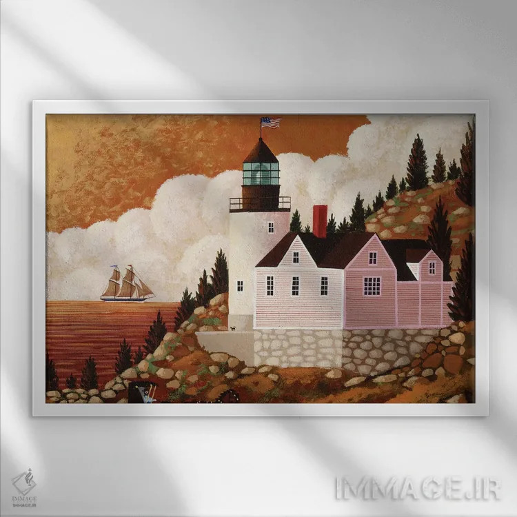 تابلو دکوراتیو فانوس دریایی بس هاربر هد اثر هرونیم - نمای قابدار سفید