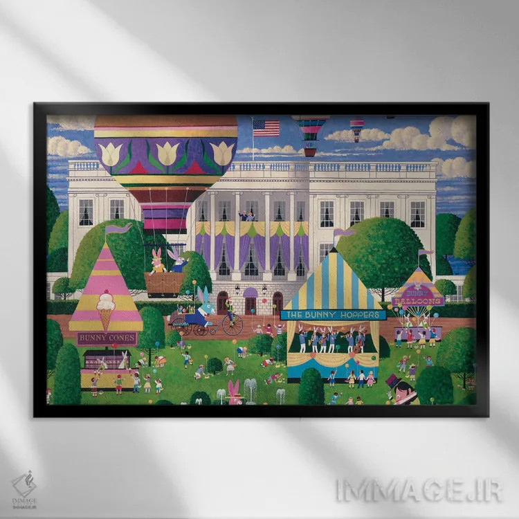 تابلو دکوراتیو جستجوی تخم مرغ عید پاک در کاخ سفید اثر هرونیم - نمای قابدار مشکی