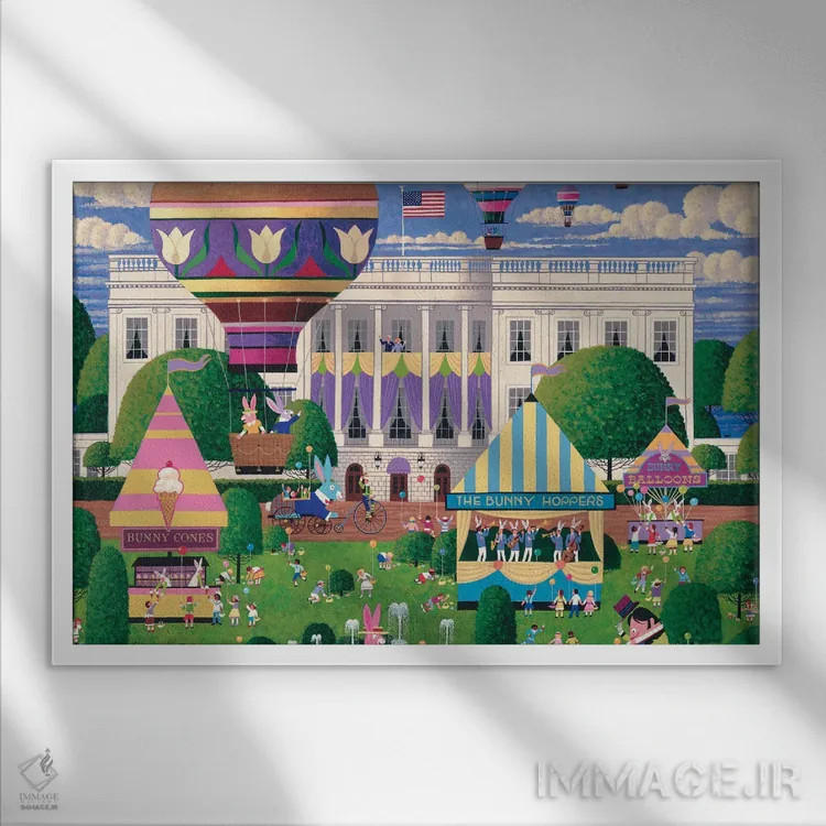 تابلو دکوراتیو جستجوی تخم مرغ عید پاک در کاخ سفید اثر هرونیم - نمای قابدار سفید