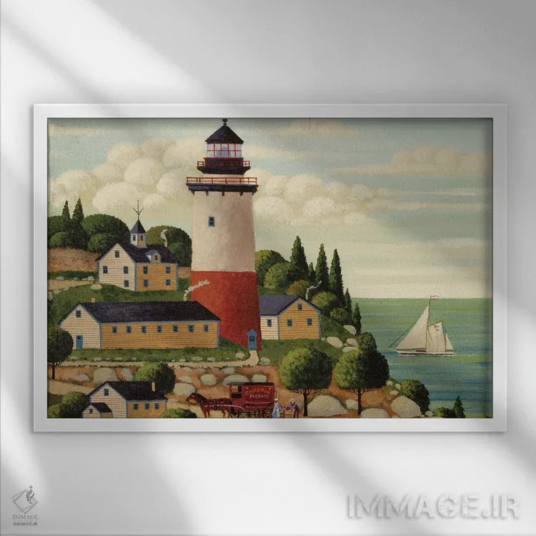 تابلو دکوراتیو تحویل به فانوس دریایی اثر هرونیم - نمای قابدار سفید