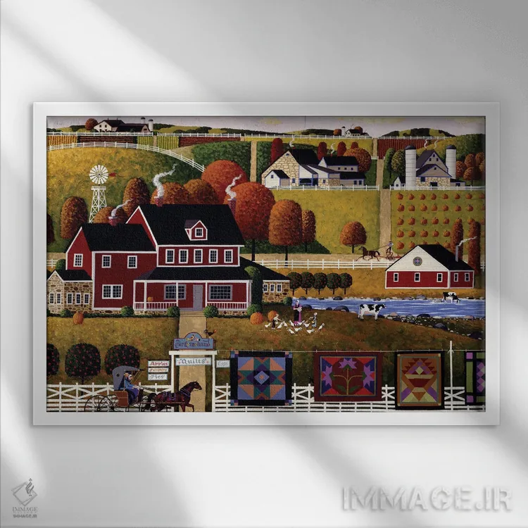 تابلو دکوراتیو فروش لحاف آمیش اثر هرونیم - نمای قابدار سفید