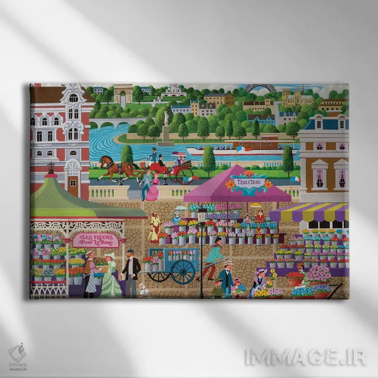 تابلو دکوراتیو بازار گل پاریس اثر هرونیم - نمای روبهرو روی دیوار