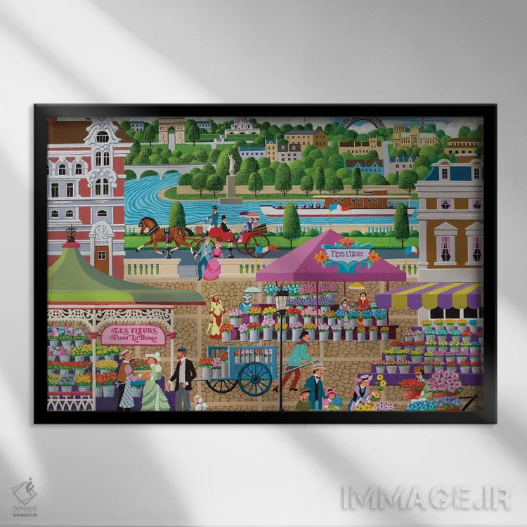 تابلو دکوراتیو بازار گل پاریس اثر هرونیم - نمای قابدار مشکی