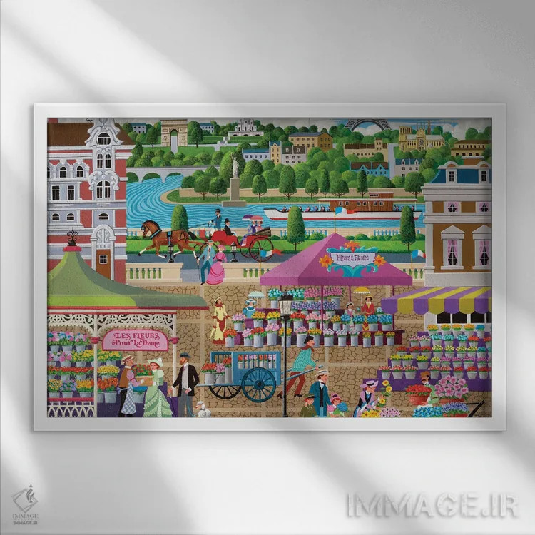 تابلو دکوراتیو بازار گل پاریس اثر هرونیم - نمای قابدار سفید