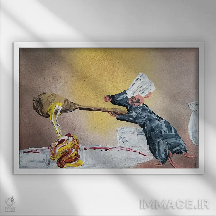 تابلو دکوراتیو رمی در حال آشپزی اثر اندرو هار - نمای قابدار سفید