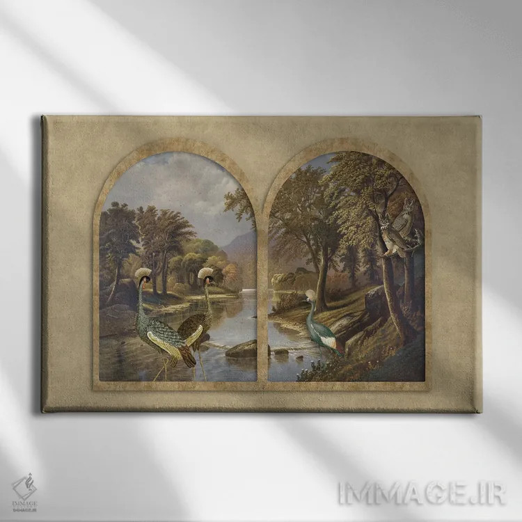 تابلو دکوراتیو رودخانه با درناها اثر آندریا هازه - نمای روبهرو روی دیوار