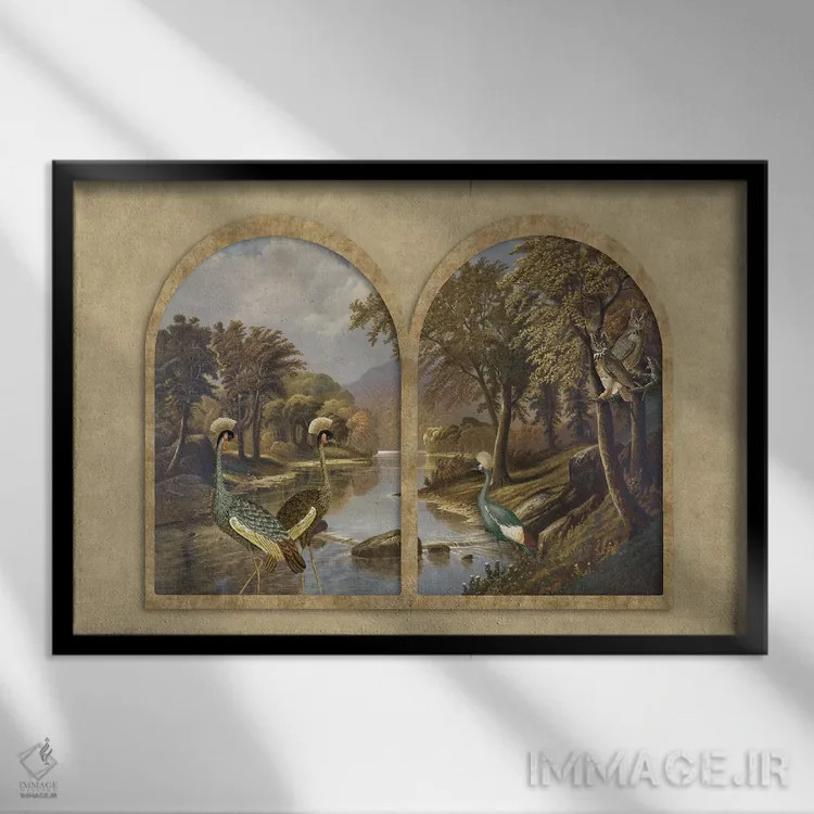 تابلو دکوراتیو رودخانه با درناها اثر آندریا هازه - نمای قابدار مشکی