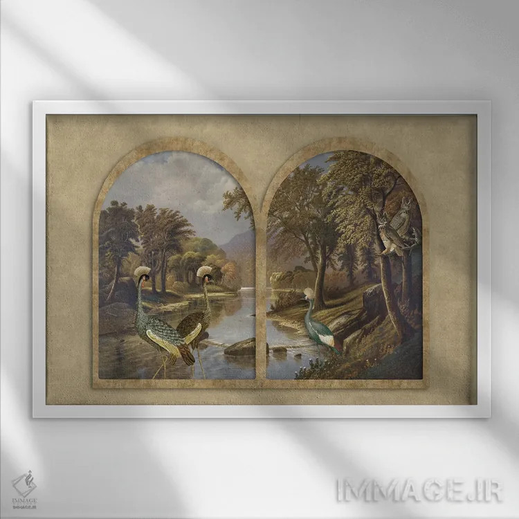 تابلو دکوراتیو رودخانه با درناها اثر آندریا هازه - نمای قابدار سفید