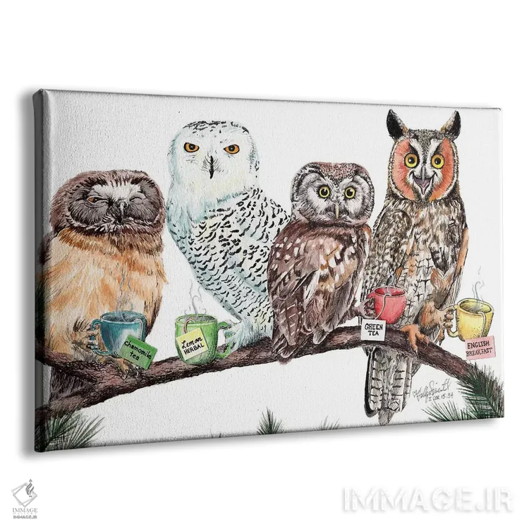 تابلو دکوراتیو جغدهای چای خور اثر هالی سیمنتال - نمای پرسپکتیو محصول