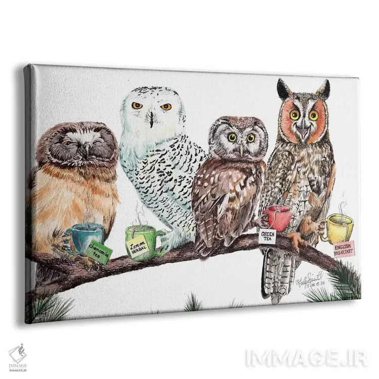 تابلو دکوراتیو جغدهای چای خور اثر هالی سیمنتال - نمای پرسپکتیو محصول