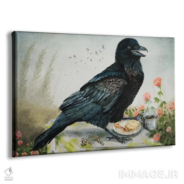 تابلو دکوراتیو صبحانه با کلاغ اثر هالی سیمنتال - نمای پرسپکتیو محصول