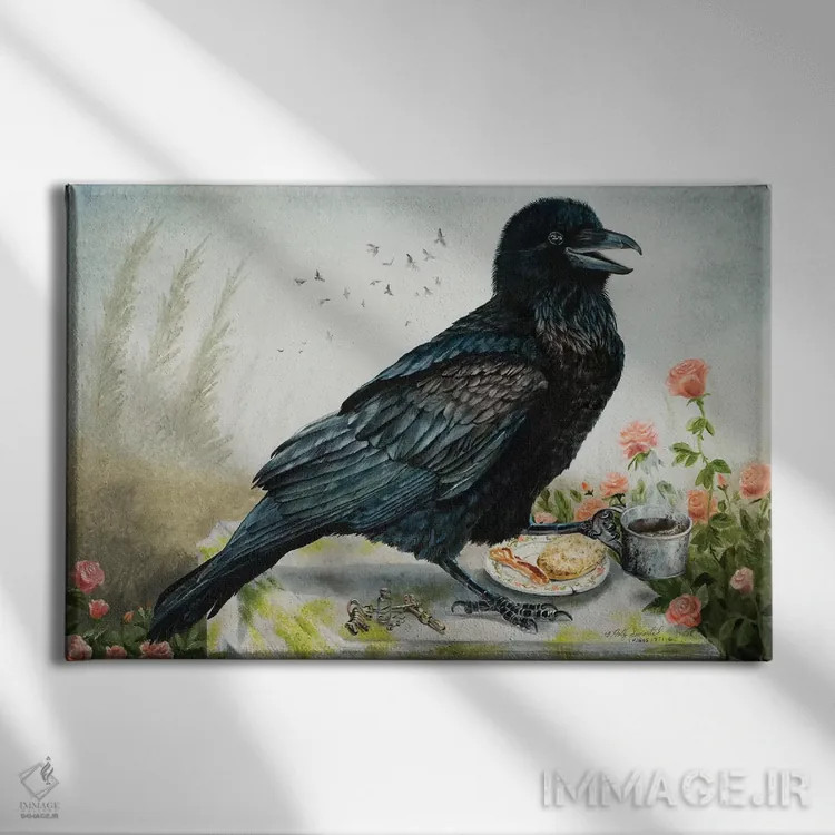 تابلو دکوراتیو صبحانه با کلاغ اثر هالی سیمنتال - نمای روبهرو روی دیوار