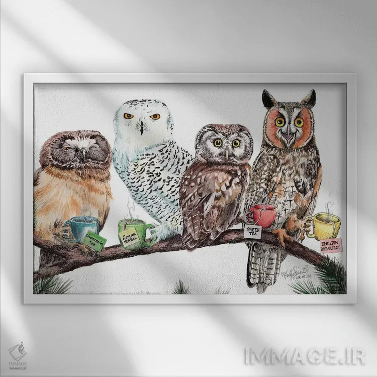 تابلو دکوراتیو جغدهای چای خور اثر هالی سیمنتال - نمای قابدار سفید