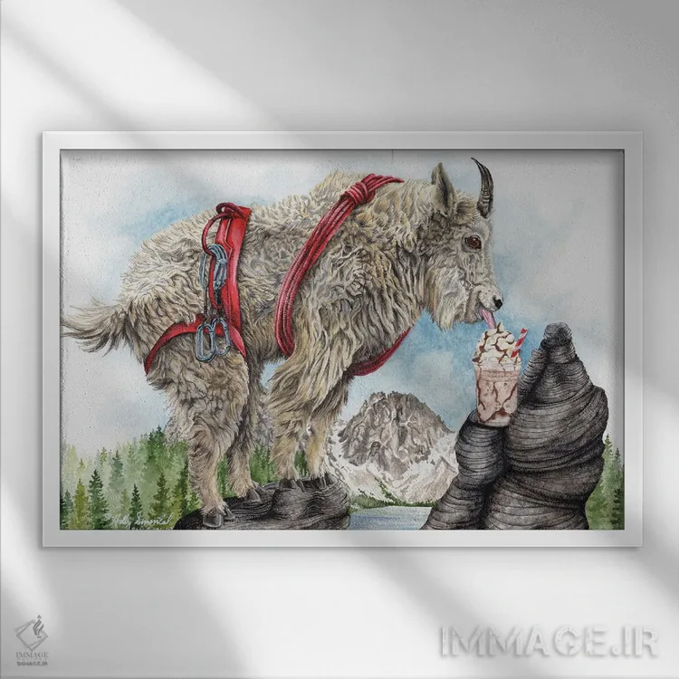 تابلو دکوراتیو موکا بز کوهی اثر هالی سیمنتال - نمای قابدار سفید